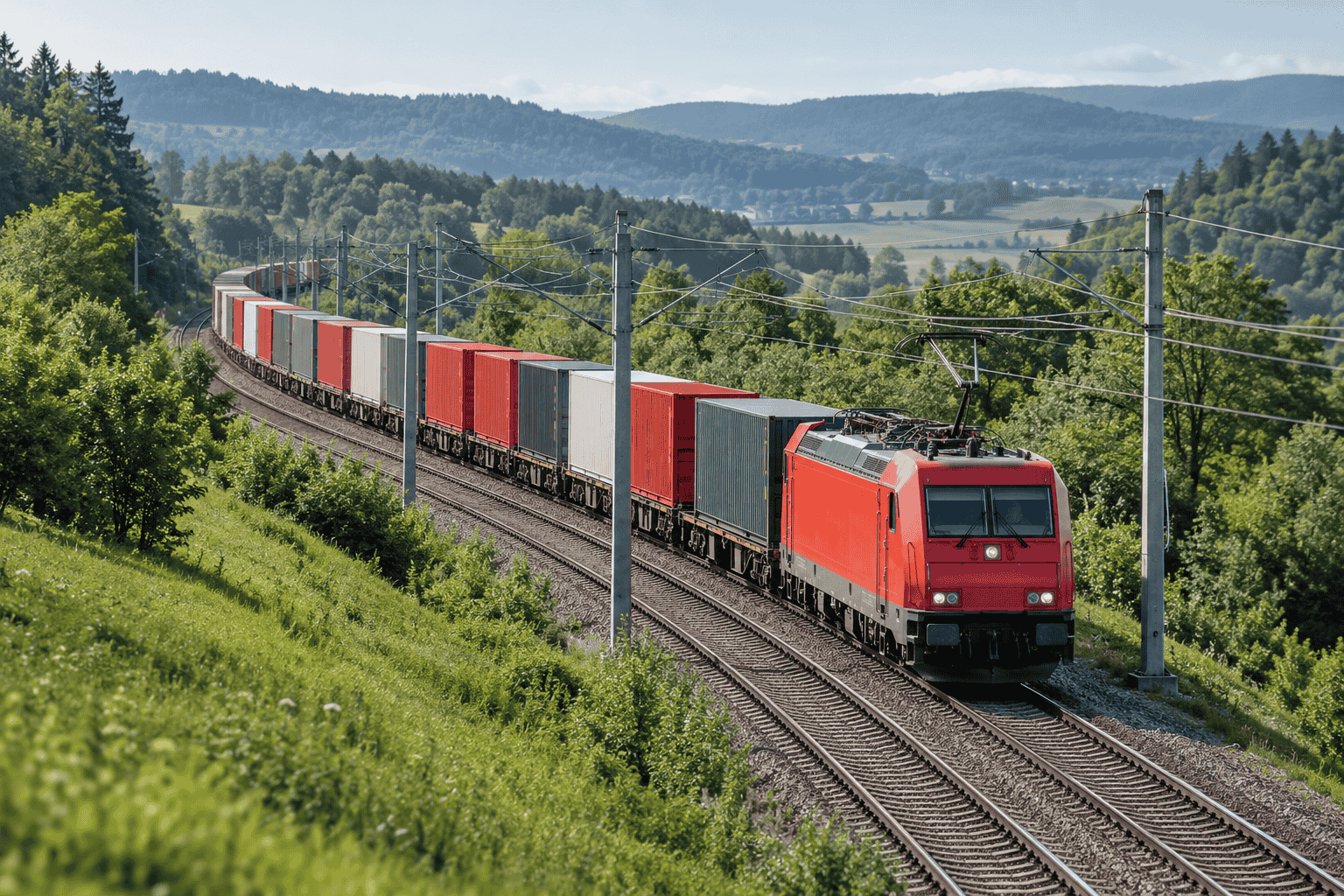 Electric freight train carrying containers through green countryside